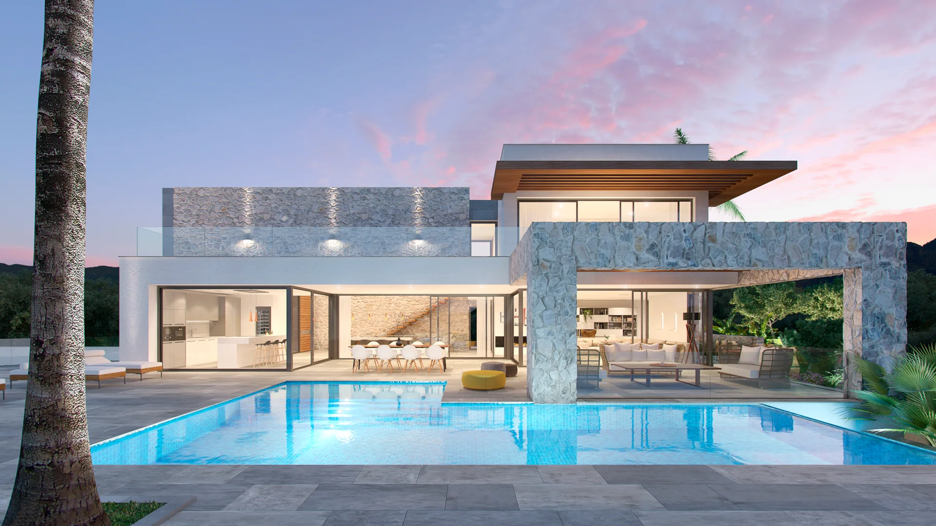 Infografía de una vivienda terminada con fachada de piedra y piscina al atardecer