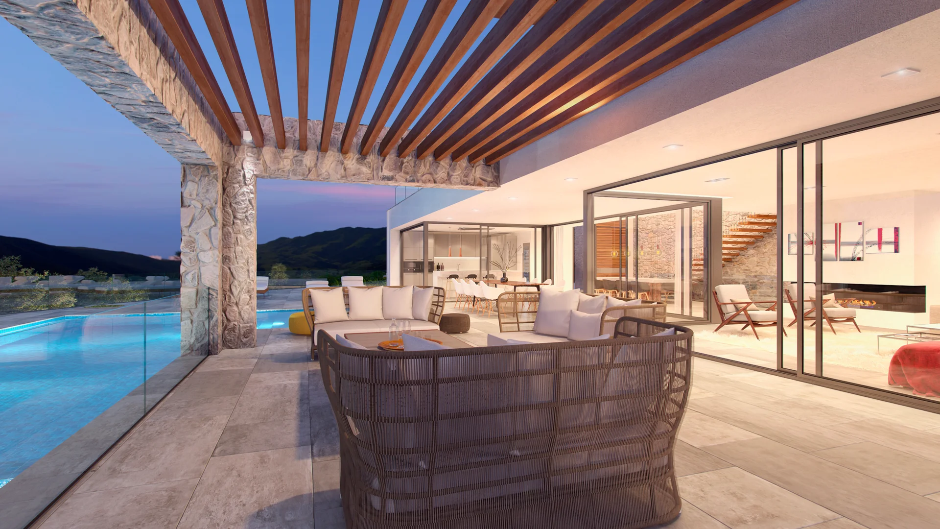 Infografía de una terraza terminada bajo una pérgola de madera
